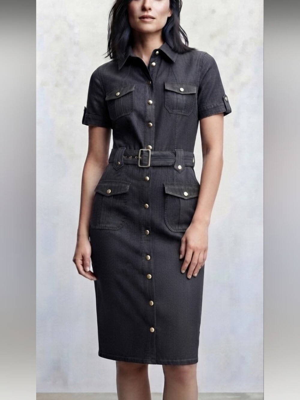 Beautiful Sharagano Belted Short-Sleeve Midi Utility Shirt Dress Sz Size 16